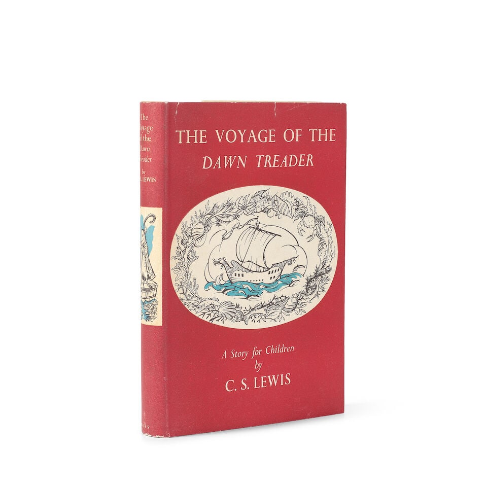 LEWIS (C.S.) The Voyage of the Dawn Treader, FIRST EDITION, Geoffrey Bles, [1952]: LEWIS (C.S.) The Voyage of the Dawn Treader, FIRST EDITION, frontispiece, front map endpaper and illustrations by Pauline Baynes, publisher's cloth (tips of spine ends toned), dust-jacket (priced '10s