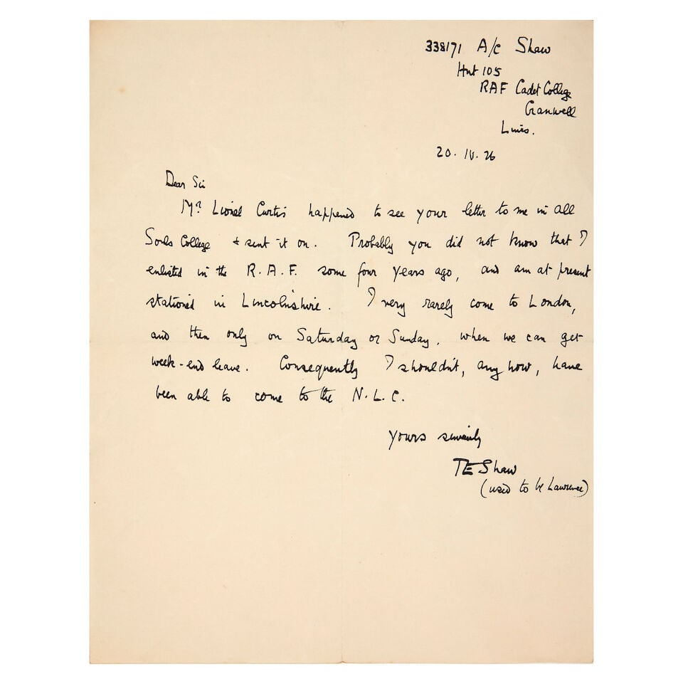 LAWRENCE (T.E.) Two autograph letters to John Henderson, secretary of the National Liberal Club,... (1 of 2)