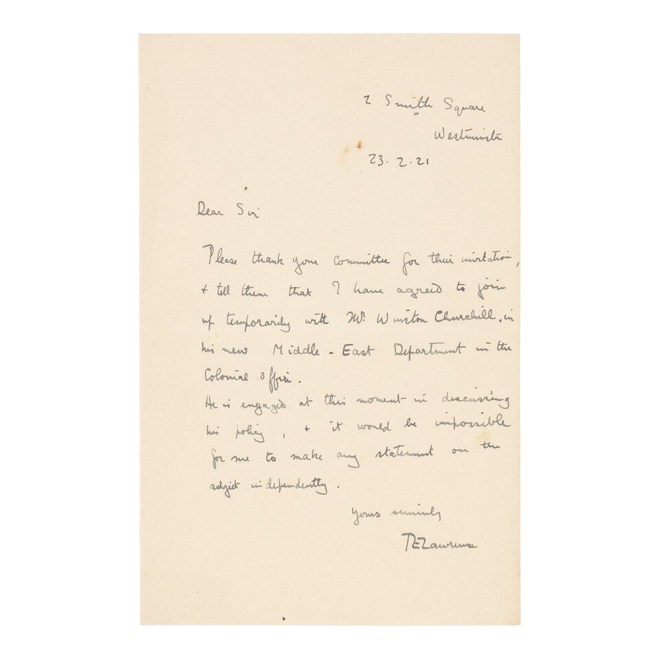 LAWRENCE (T.E.) Two autograph letters to John Henderson, secretary of the National Liberal Club,... - 2