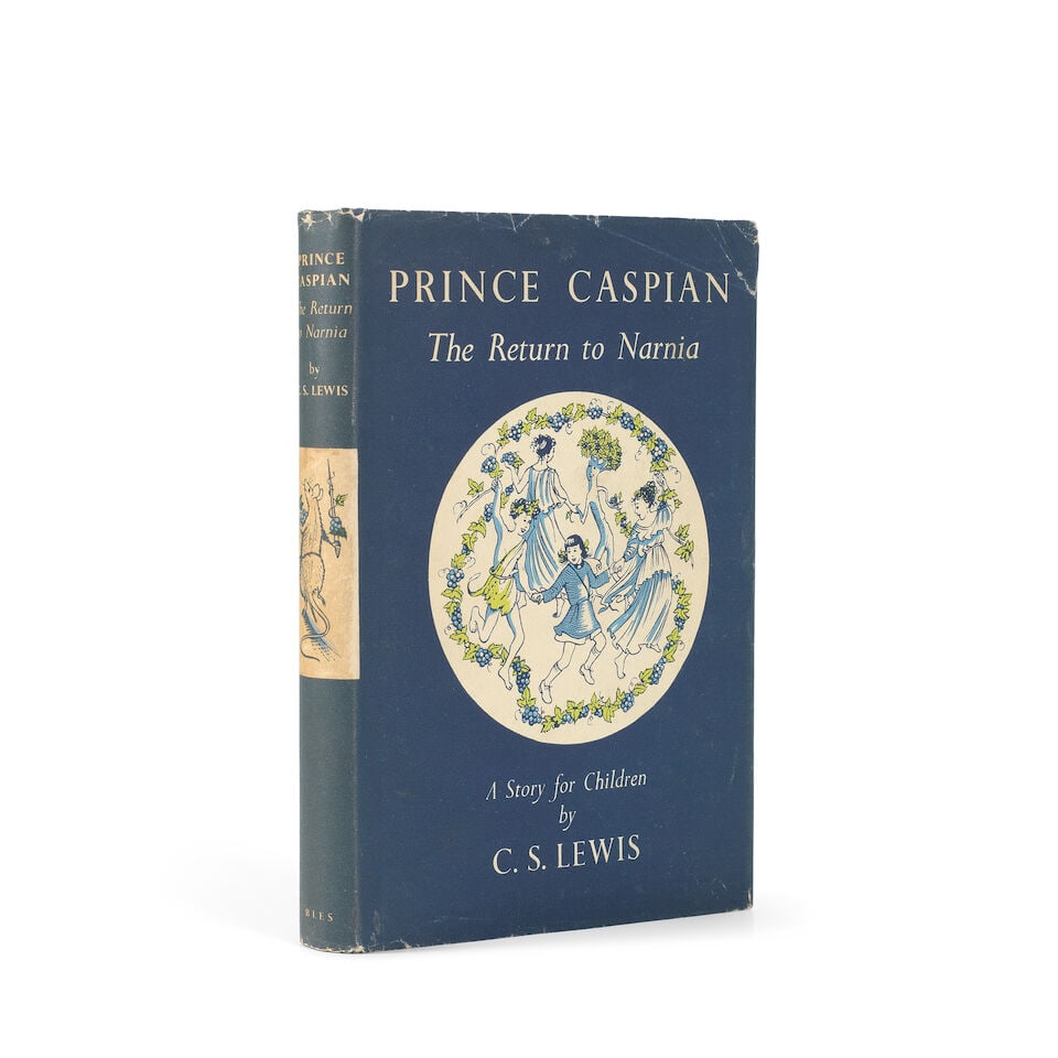 LEWIS (C.S.) Prince Caspian. The Return to Narnia, FIRST EDITION, Geoffrey Bles, [1951]: LEWIS (C.S.) Prince Caspian. The Return to Narnia, FIRST EDITION, colour frontispiece, front map endpaper and illustrations by Pauline Baynes, publisher's dark blue cloth (extremities of spine toned),