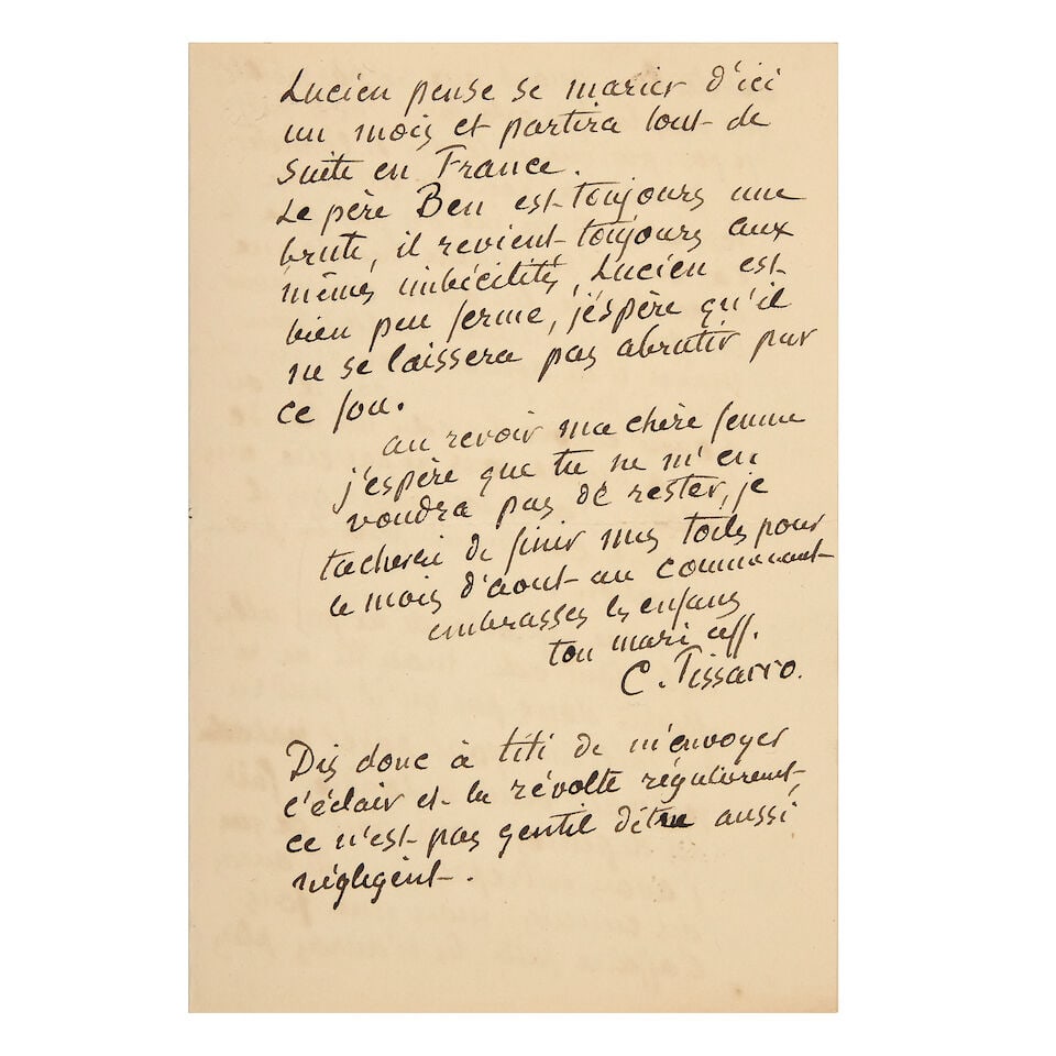 PISSARRO (CAMILLE) Autograph letter signed ('C. Pissarro') to his wife Julie ('Ma chère fe... (1 of 1)