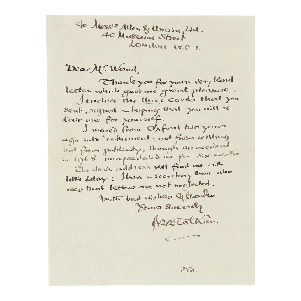 TOLKIEN (J.R.R.) Autograph letter signed twice ('J.R.R. Tolkien' and with initials 'J.R.R.T') t... (1 of 1)
