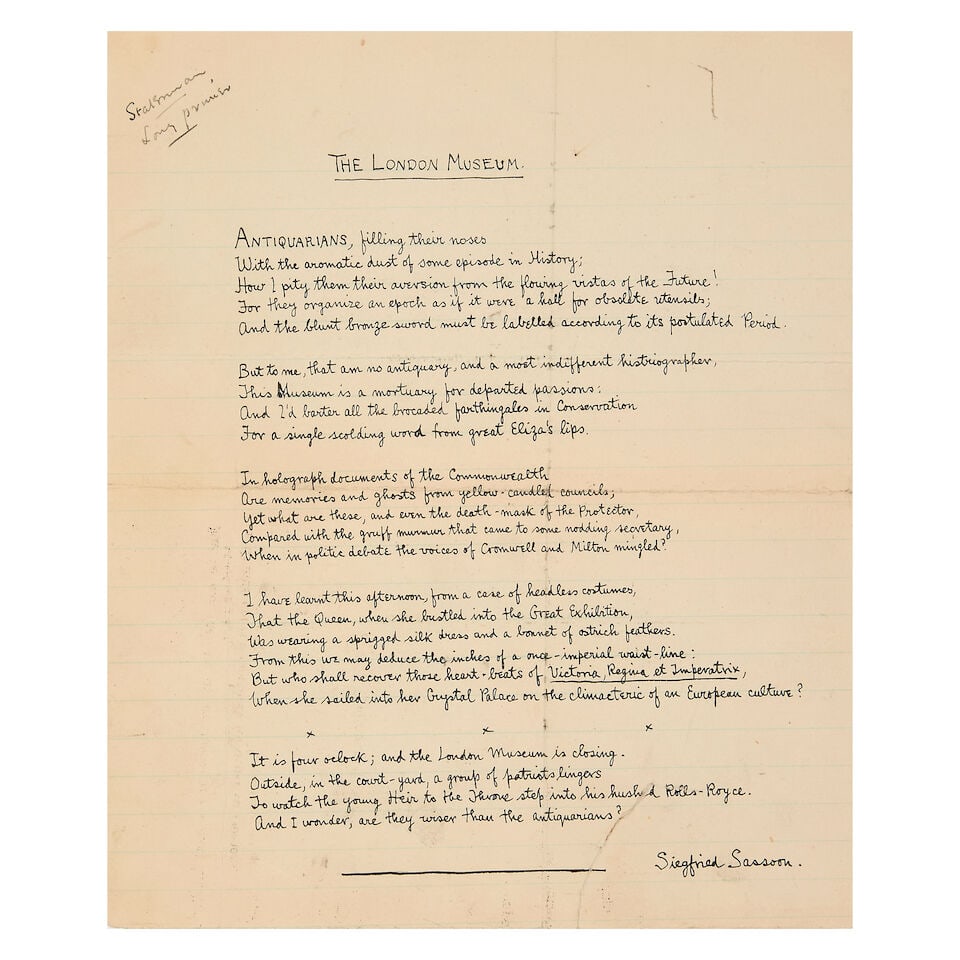 SASSOON (SIEGFRIED) Autograph manuscript 'The London Museum', signed, [1922] (1 of 1)