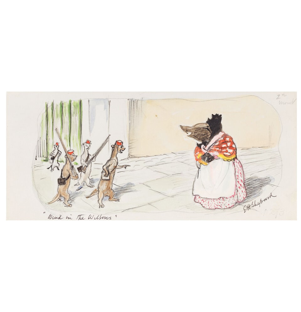 SHEPARD (ERNEST H.) Original illustration for 'The Wind in the Willows', depicting Mole disguise...: SHEPARD (ERNEST H.) Original illustration for 'The Wind in the Willows', depicting Mole disguised as a washerwoman confronting the stoat guards at Toad Hall, pencil, ink and watercolour on paper, capt