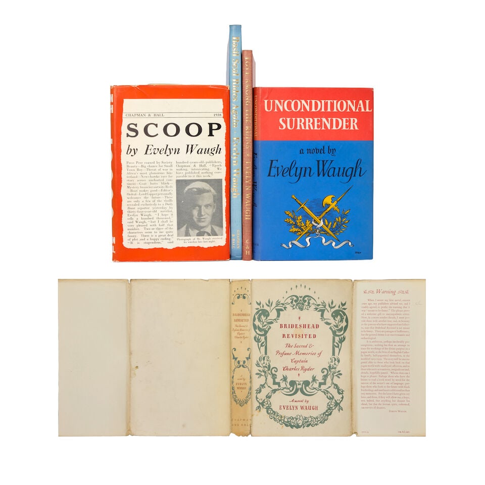 WAUGH (EVELYN) Scoop, 1938; Unconditional Surrender, signed, 1961; and 5 others by Waugh, inc. j...: WAUGH (EVELYN) Scoop, FIRST EDITION, first issue with 'as' to last line of p.88, second state dust-jacket without the 'Daily Beast' logo (unclipped with price '7s. 6d. net', slightly rubbed at spine e
