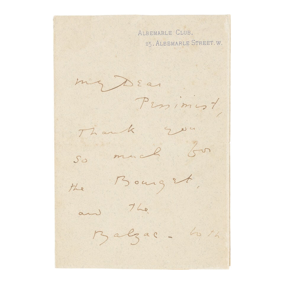 WILDE (OSCAR) Autograph letter signed ('Oscar Wilde') to an unidentified recipient ('My Dear Pes... - 3