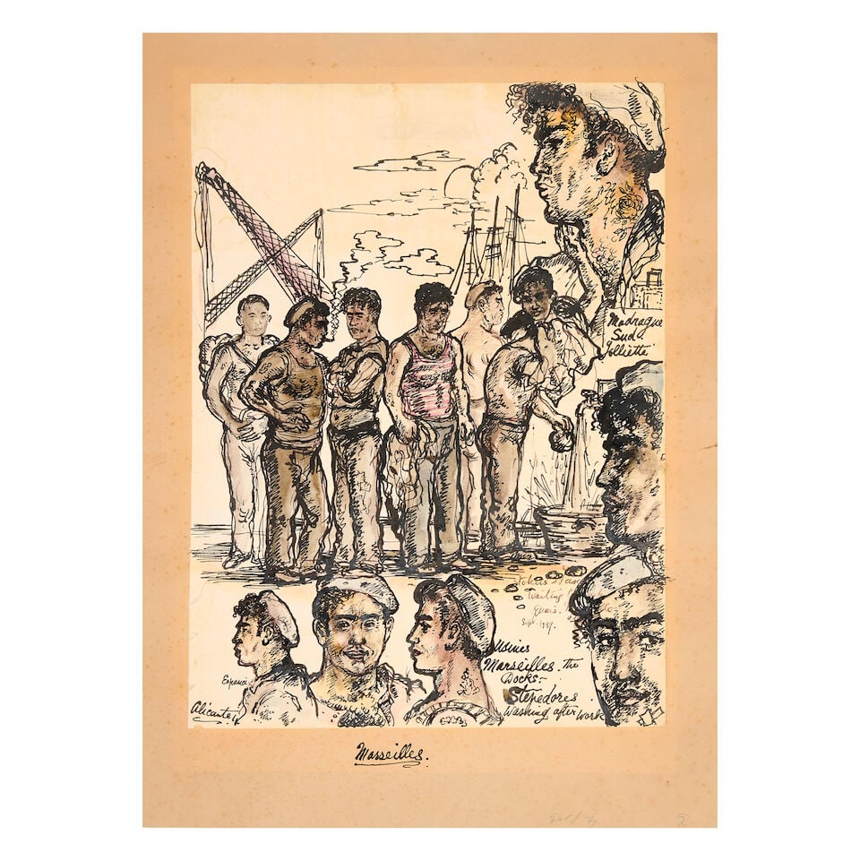 TENNANT (STEPHEN) Four original pen, ink and watercolours, of Marseilles sailors, and men, 1930...: TENNANT (STEPHEN) Four original pen, ink and watercolours, comprising; 'Marseilles - The Docks. Stevedores washing after work', mounted on card (titled 'Marseilles' beneath image), image 430 x 320mm.,