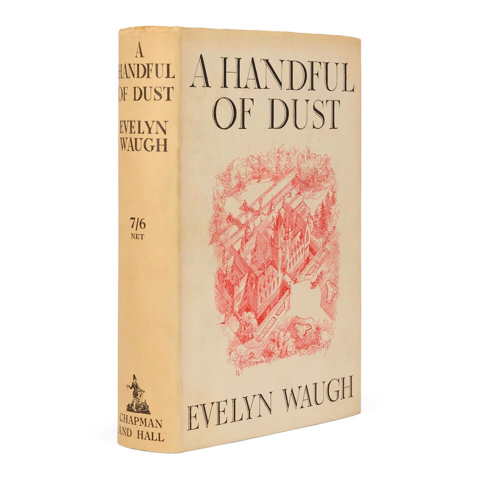 WAUGH (EVELYN) A Handful of Dust, FIRST EDITION, Jonathan Cape, [1931]: WAUGH (EVELYN) A Handful of Dust, FIRST EDITION, frontispiece, publisher's cloth, a few single spots on the edge of text block, DUST-JACKET printed in red and black, priced '7/6 Net' on spine, spine l
