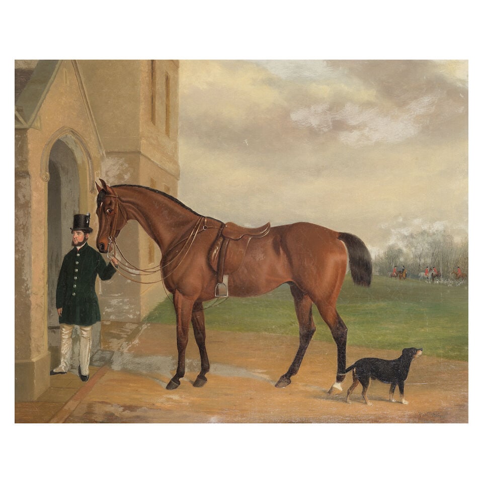 John Paul (British, 1804-1887) Bay horse and groom by a country house (1 of 3)