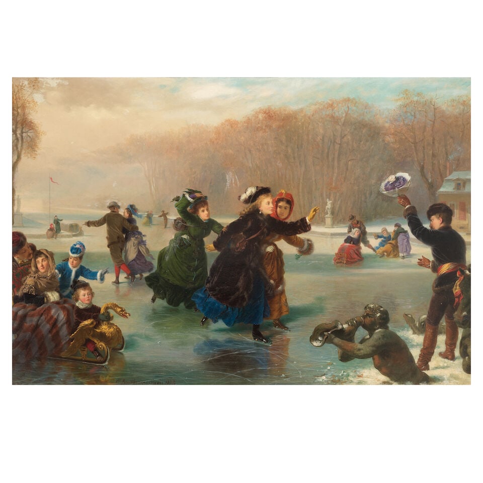 Charles Edouard Boutibonne (French, 1816-1897) Ladies and gentlemen skating on a lake at Versailles (1 of 3)