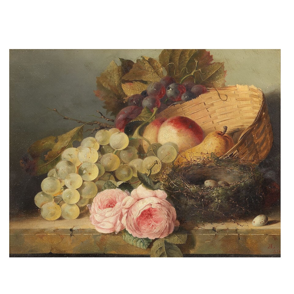 Edward Ladell (British, 1821-1886) Still life with fruit, wicker basket and a bird's nest on a m... (1 of 3)