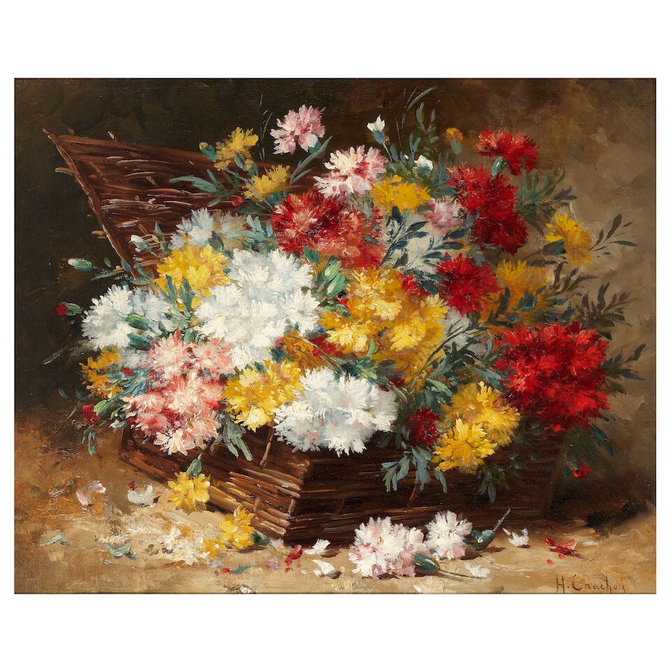 Eugène Henri Cauchois (French, 1850-1911) Still life of summer flowers in a basket (1 of 3)