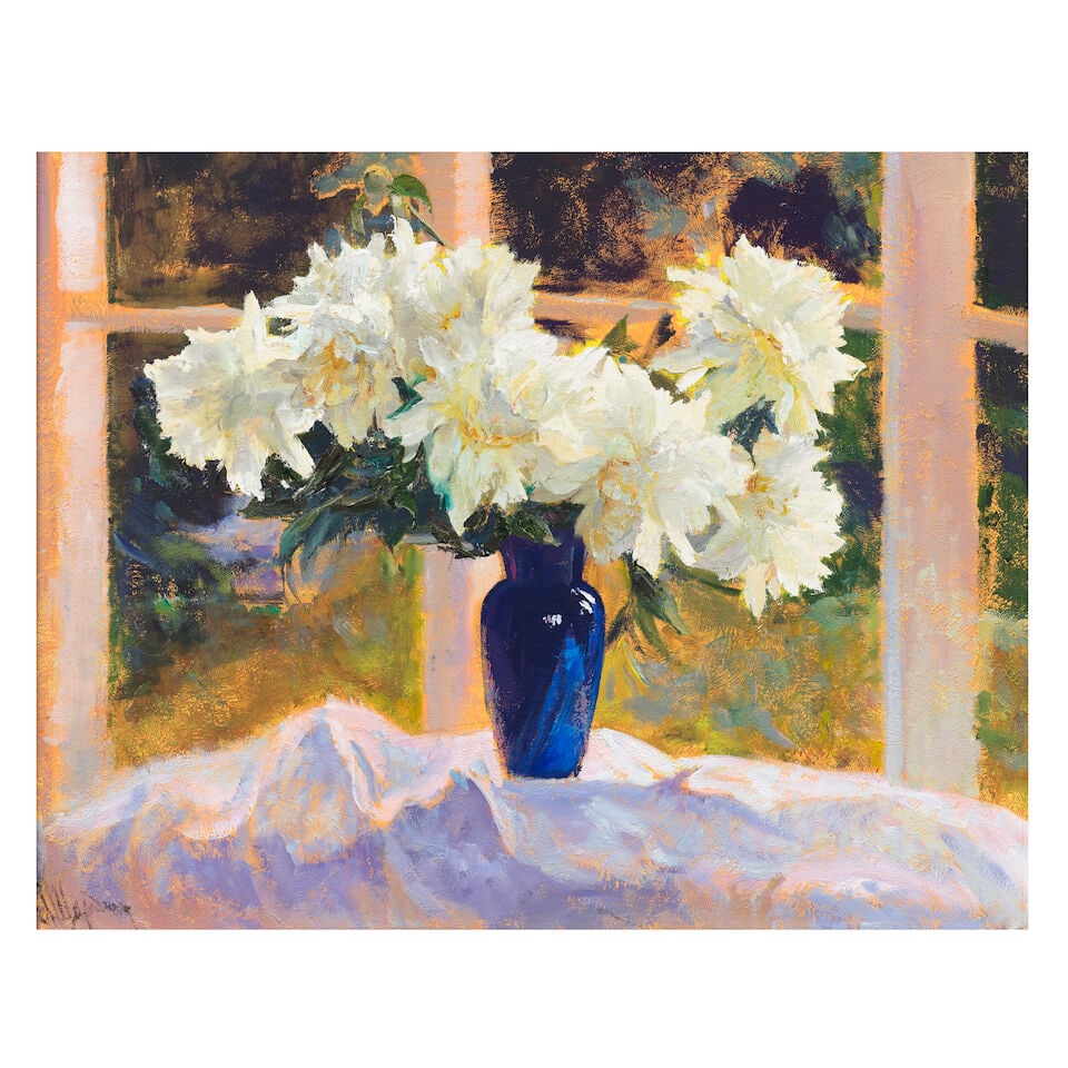 Maria Shcherbinina (Russian, born 1965) Peonies in blue glass (1 of 3)