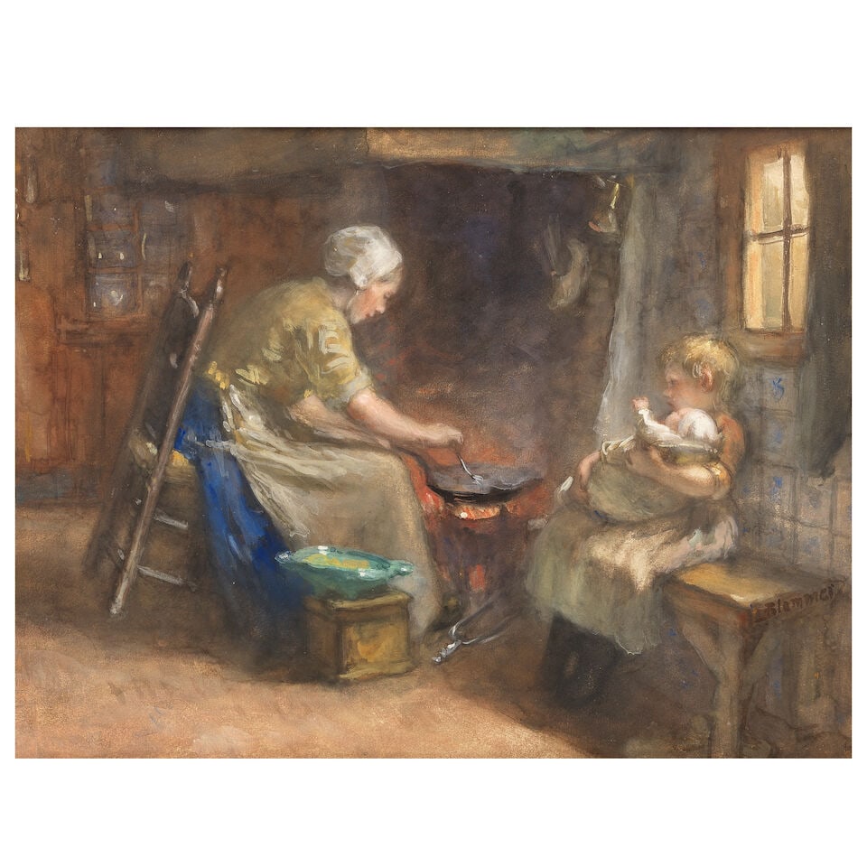 Bernardus Johannes Blommers (Dutch, 1845-1914) Preparing the evening meal (1 of 3)