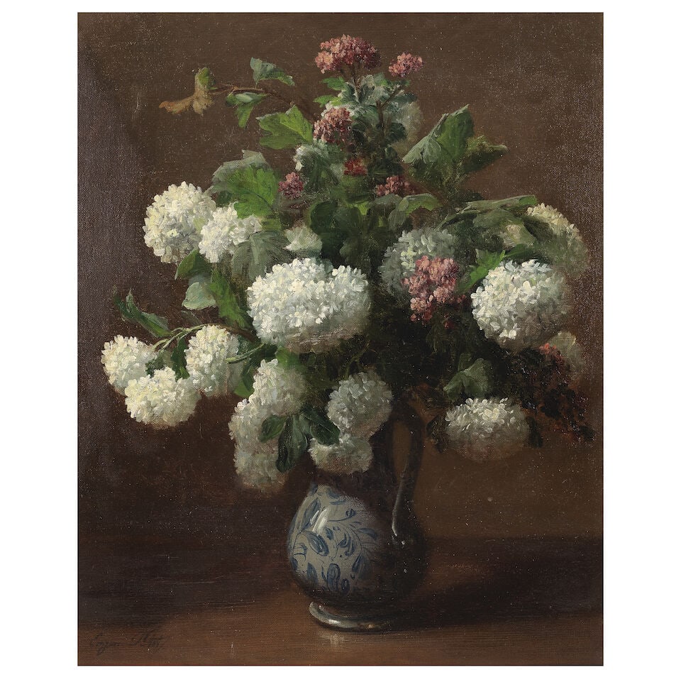 Eugene Petit (French, 1839-1886) Still life of hydrangeas in a ceramic vase (1 of 3)