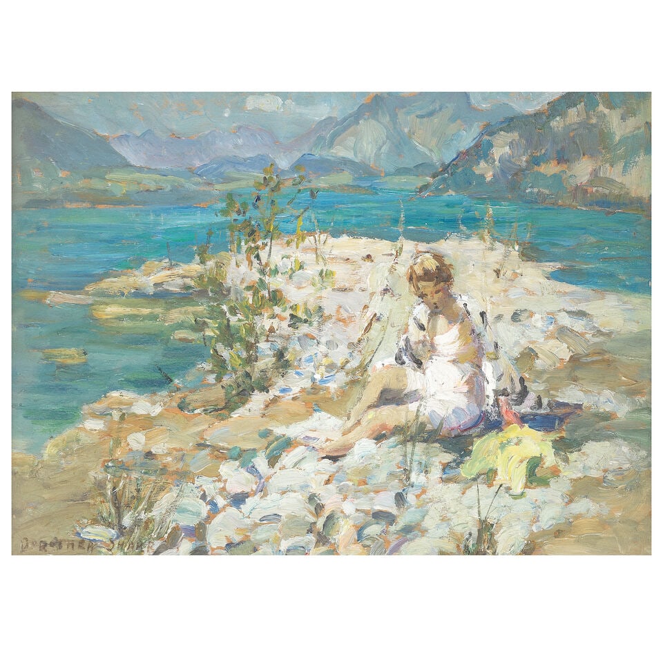 Dorothea Sharp, RBA, ROI (British, 1874-1955) Bather seated by the shore (1 of 3)