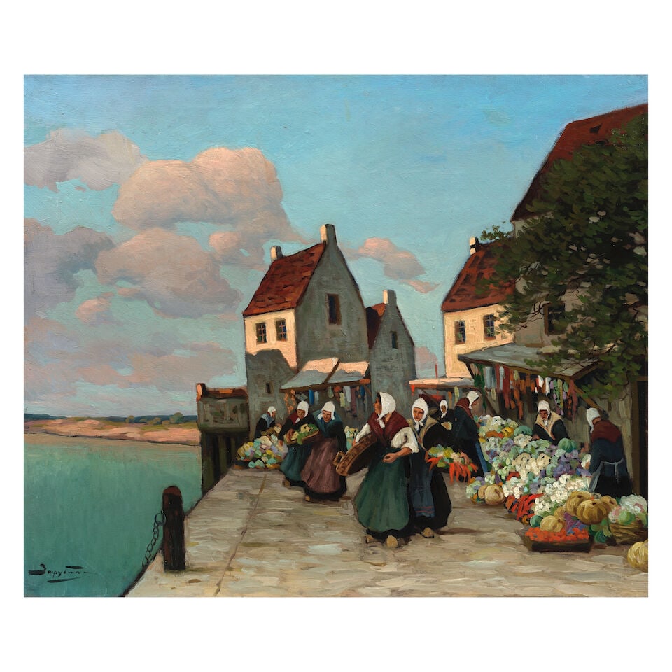 Viktor Ivanovich Zarubin (Ukrainian/Russian, 1866-1928) Market scene in Normandy unframed: Viktor Ivanovich Zarubin (Ukrainian/Russian, 1866-1928) Market scene in Normandy signed in Cyrillic (lower left) oil on canvas 60 x 71cm (23 5/8 x 27 15/16in). unframed Footnotes: Provenance Anon. sal