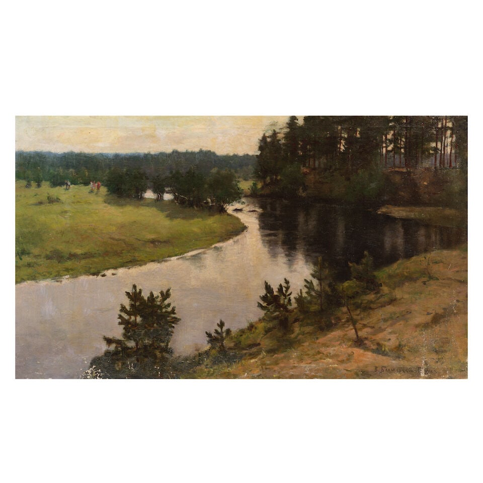 Vitold Byalinitsky-Birulya (Russian, 1872-1957) Landscape with river unframed: Vitold Byalinitsky-Birulya (Russian, 1872-1957) Landscape with river signed in Cyrillic and indistinctly dated (lower right) oil on canvas 58 x 95cm (22 13/16 x 37 3/8in). unframed Footnotes: Provenan