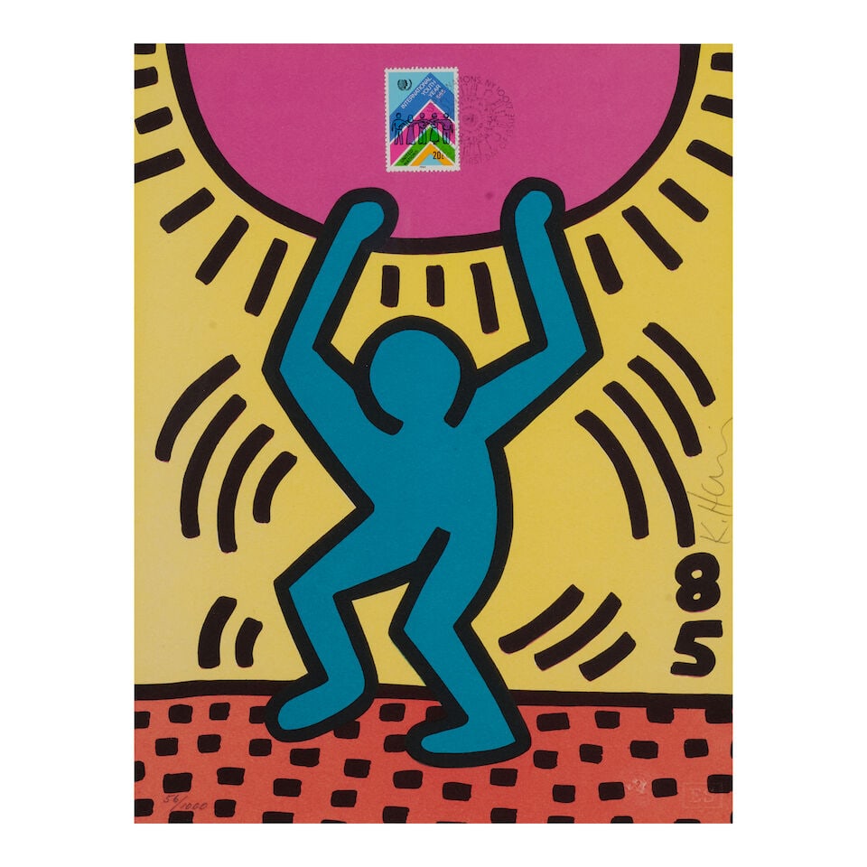 Keith Haring (1958-1990); International Youth Year;: Keith Haring (1958-1990) International Youth Year (Littmann p.37), 1985 Lithograph in colors on wove paper, signed in pencil and numbered 56/1000, with the United Nations postage stamp and inkstamp, w