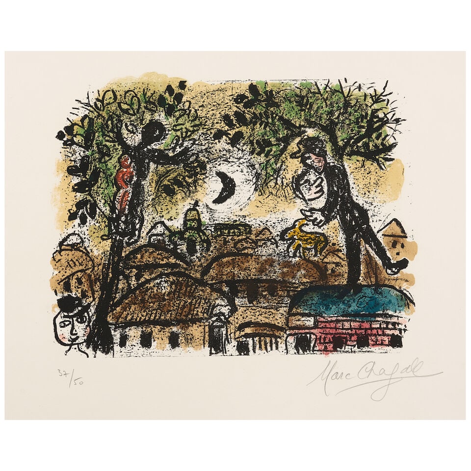 Marc Chagall (1887-1985); La Lune Noire;: Marc Chagall (1887-1985) La Lune Noire (Mourlot 438), 1965 Lithograph in colors on Arches wove paper, signed in pencil and numbered 37/50, with full margins. 10 1/8 x 13 in. (25.7 x 33.1 cm) sheet 18 