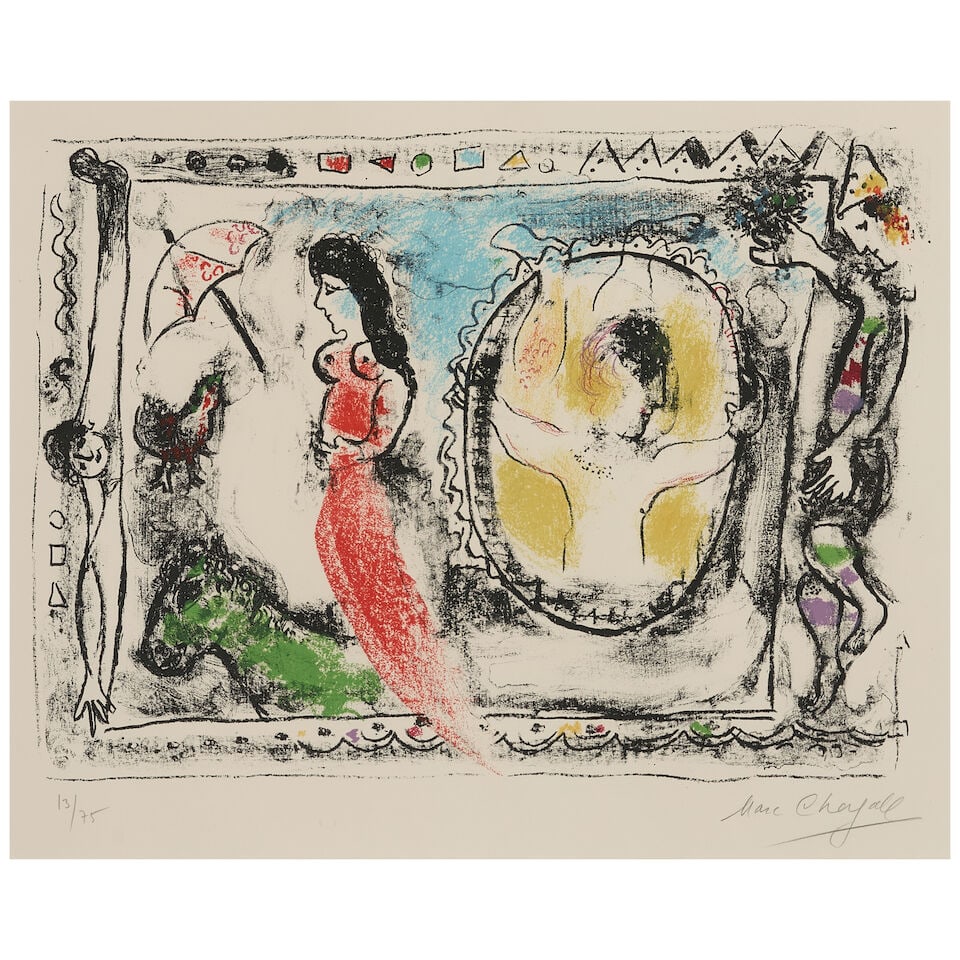 Marc Chagall (1887-1985); Femme avec Parapluie, from Derriére le Miroir;: Marc Chagall (1887-1985) Femme avec Parapluie, from Derriére le Miroir (Mourlot 412), 1964 Lithograph in colors on Arches paper, signed in pencil, numbered 13/75, published/printed by Maeght/Mour