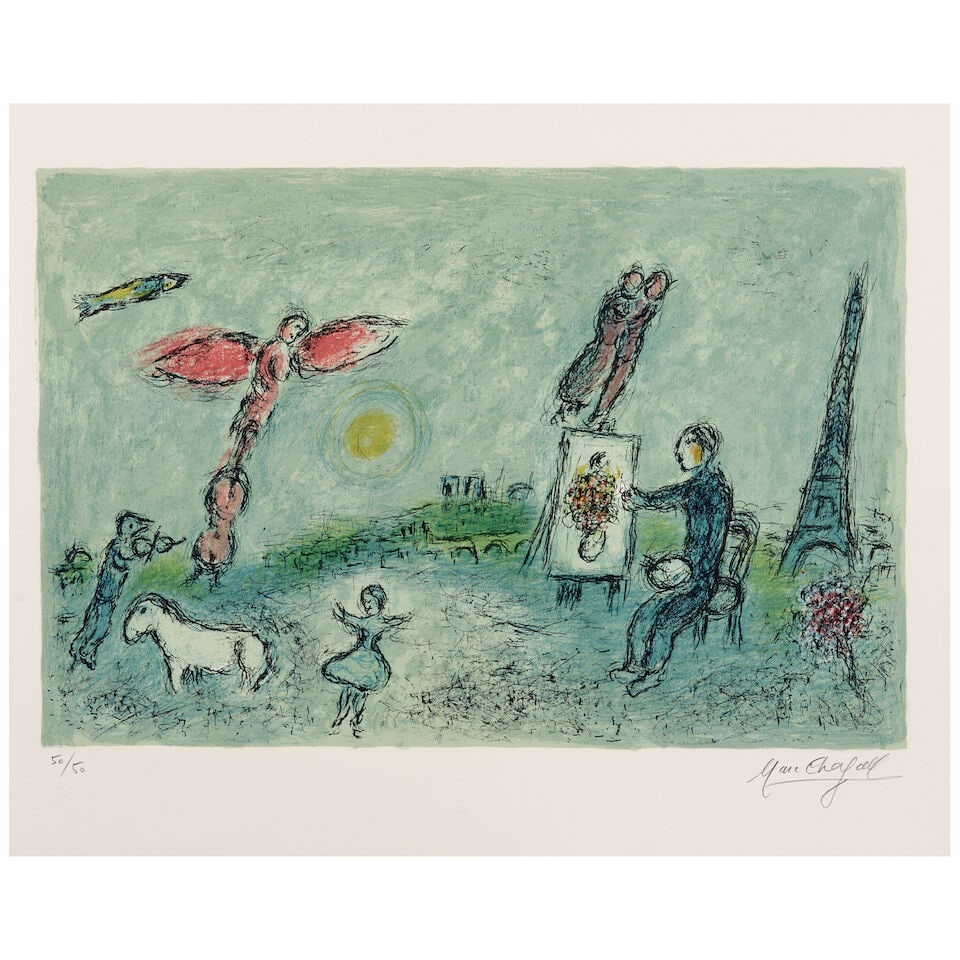 Marc Chagall (1887-1985); Le peintre et son double;: Marc Chagall (1887-1985) Le peintre et son double (Sorlier 992), 1981 Lithograph in colors on Arches paper, Sorlier's second (final) state, signed in pencil and numbered 50/50, published by Maeght, Pa