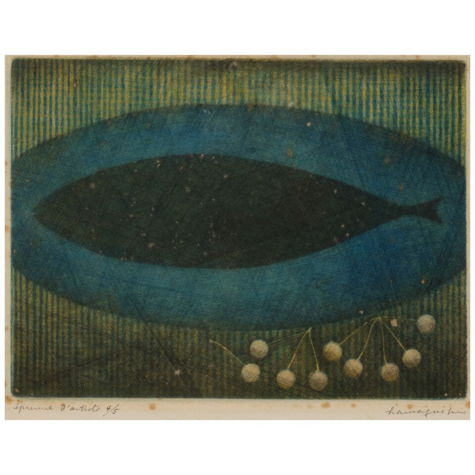 Yozo Hamaguchi (1909-2000); Fish and Cherries;: Yozo Hamaguchi (1909-2000) Fish and Cherries (M. Gallery 46), 1956 Mezzotint in colors on wove paper, signed in pencil and annotated 'épreuve d'artiste 4/5' (an artist's proof, aside from the edi