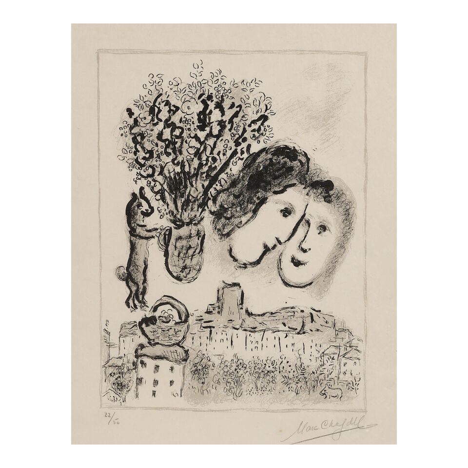 Marc Chagall (1887-1985); Double visage gris;: Marc Chagall (1887-1985) Double visage gris (Mourlot 732), 1975 Lithograph on japon nacre, signed in pencil and numbered 22/50, published by Maeght, Paris, with margins, framed. 16 3/4 x 13 in. (42.5 