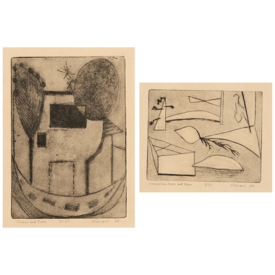 Hananiah Harari (1912-2000); Composition Rocks and Trees; House and Trees; (2) - 2