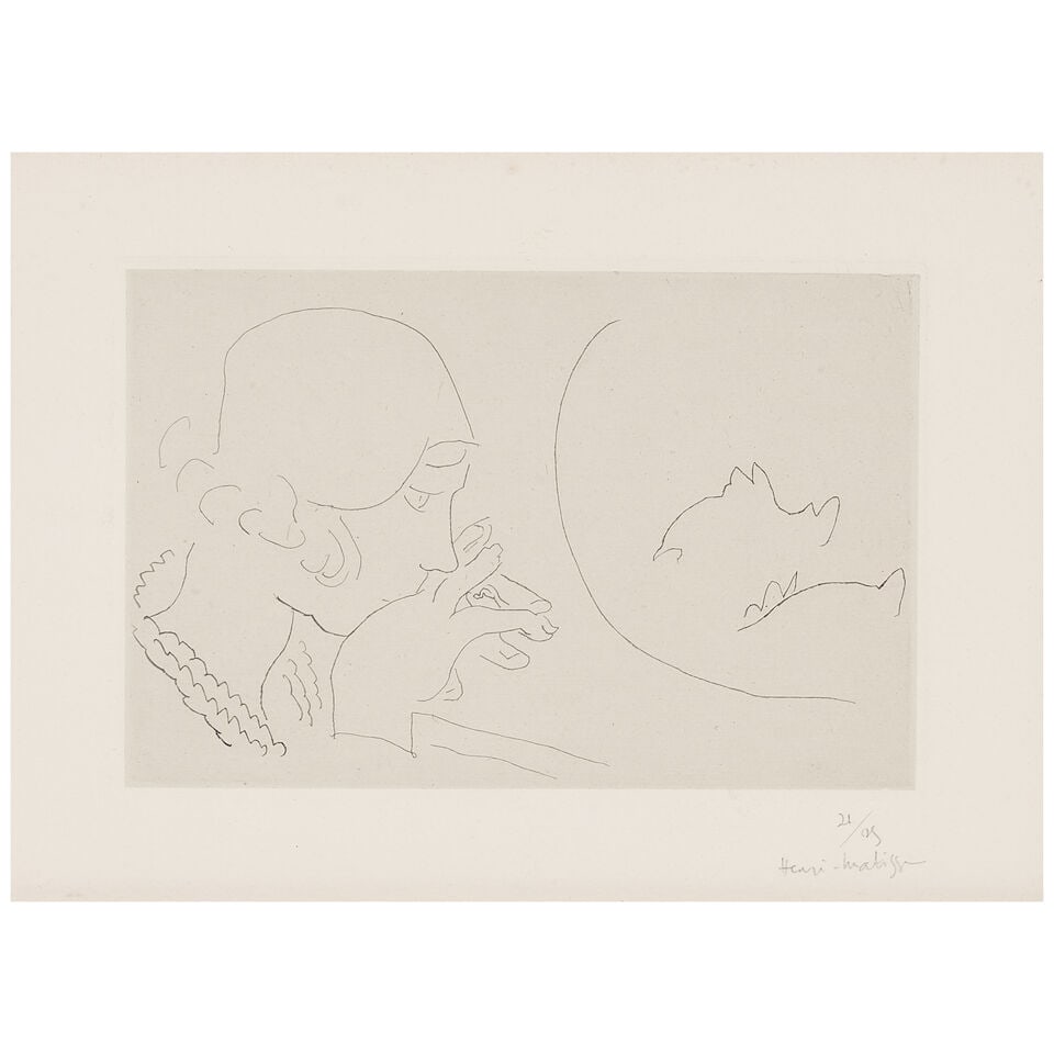 Henri Matisse (1869-1954); Jeune femme contemplant un bocal de poissons rouges;: Henri Matisse (1869-1954) Jeune femme contemplant un bocal de poissons rouges (Duthuit 172), 1929 Etching on chine appliqué with wove support, signed in pencil, numbered 21/25, with full margins,