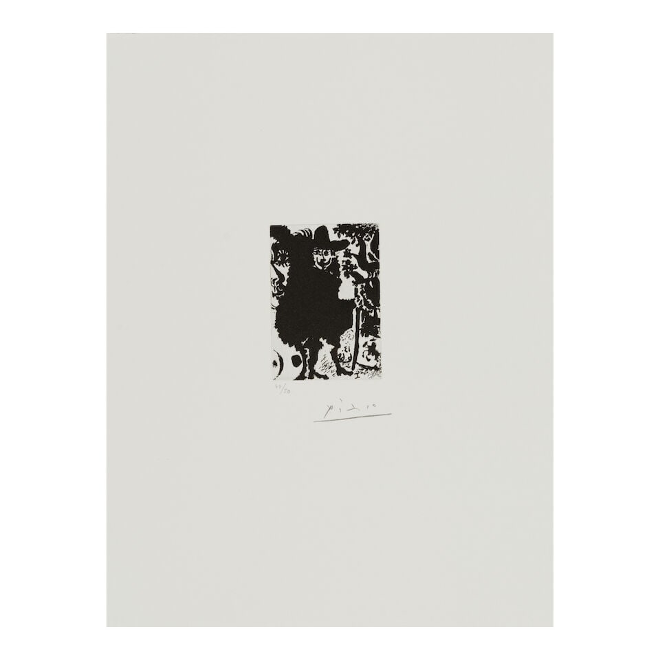 Pablo Picasso (1881-1973); Jeune femme et vieux mari. Au loin l'amant cavalcade dans un jardin, ...: Pablo Picasso (1881-1973) Jeune femme et vieux mari. Au loin l'amant cavalcade dans un jardin, from Séries 347 (Bloch 1635, Baer 1651), 1968 Aquatint on wove paper, signed in pencil and numbered 