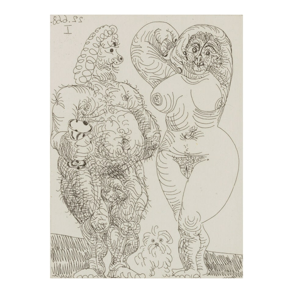 Pablo Picasso (1881-1973); Gros couple, et petite chien, poilus, from Séries 347; - 2