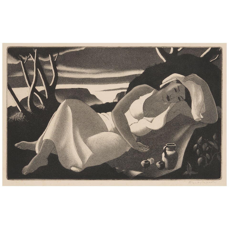 Doel Reed (1894-1985); Rest;: Doel Reed (1894-1985) Rest (Cohen & Rogers 43), 1941 Aquatint on wove paper, signed in pencil, from the edition of 25, with margins, laid down, framed. plate 9 1/4 x 14 7/8 in. (23.5 x 37.8 cm) sheet 