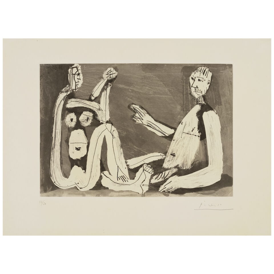 Pablo Picasso (1881-1973); Conversation;: Pablo Picasso (1881-1973) Conversation (Bloch 1210, Baer 1192), 1965 Aquatint, etching, and drypoint on Richard de Bas paper, signed in pencil and numbered 44/50 (there were also 15 artist's proofs),