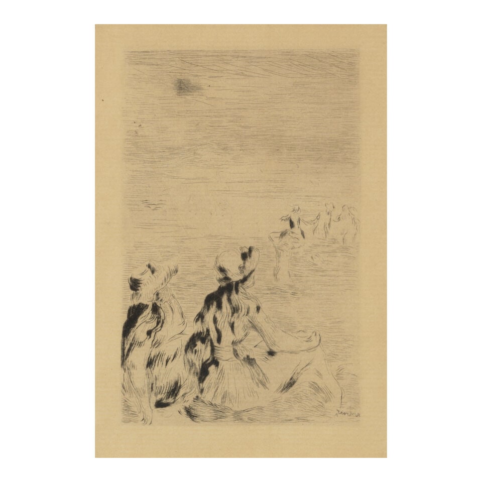 Pierre-Auguste Renoir (1841-1919); Sur la plage, à Berneval; Étude de femme nue, assis...: Pierre-Auguste Renoir (1841-1919) Sur la plage, à Berneval; Étude de femme nue, assise, variante, from L'Album des Douze Lithographies Originales de Pierre-Auguste Renoir (Delteil/Stella 5; 