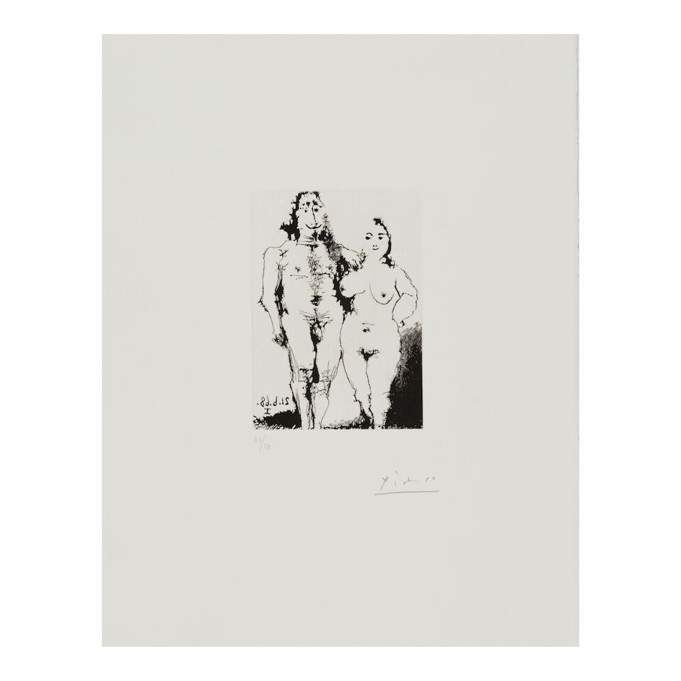 Pablo Picasso (1881-1973); Couple nu posant, from Séries 347;: Pablo Picasso (1881-1973) Couple nu posant, from Séries 347 (Bloch 1654, Baer 1670), 1968 Aquatint on wove paper, signed in pencil and numbered 44/50 (there were also 17 artist's proofs), publish