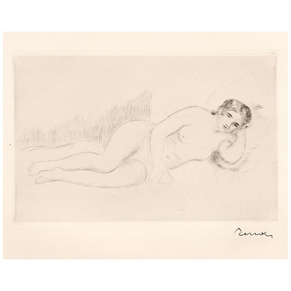 Pierre-Auguste Renoir (1841-1919); Femme nue couchée (tournée a droite), 1ere planche;: Pierre-Auguste Renoir (1841-1919) Femme nue couchée (tournée a droite), 1ere planche (Delteil/Stella 13), c. 1906 Etching on wove paper, second (final) state, with stamped signature, with fu