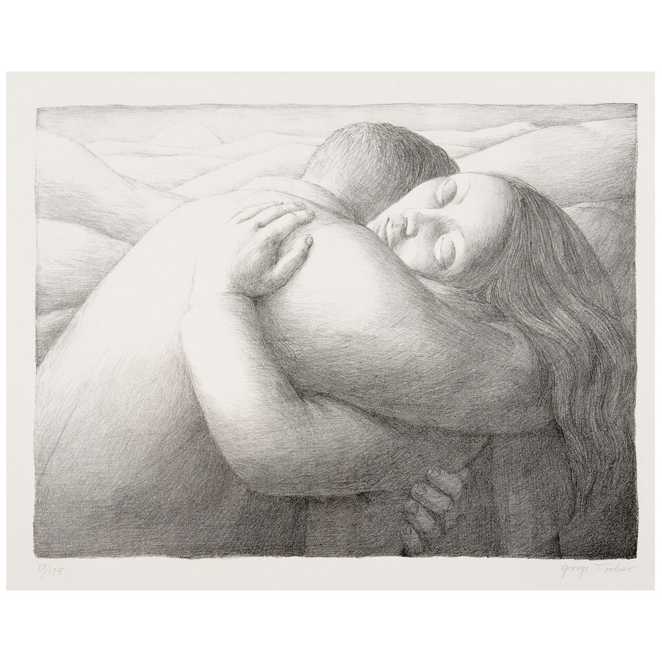George Tooker (1920-2011); The Embrace;: George Tooker (1920-2011) The Embrace, 1982 Lithograph on Rives BFK paper, signed in pencil, numbered 17/175, with full margins. 12 1/8 x 16 1/8 in. (30.8 x 40.9 cm) sheet 16 5/8 x 20 1/8 in. (42.3 x 