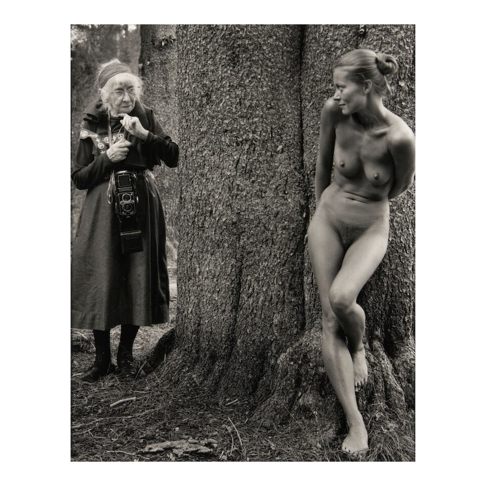 Judy Dater (born 1941); Imogen and Twinka at Yosemite;: Judy Dater (born 1941) Imogen and Twinka at Yosemite, 1974 Gelatin silver print, printed 1999; signed, titled, and editioned '9/20' in pencil on the reverse, framed. 9 3/4 x 7 7/8 in. (24.8 x 20.0 cm)