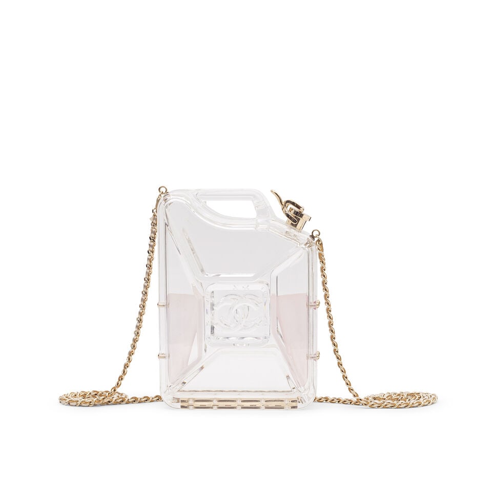 Chanel: a Clear Lucite Dubai by Night Gas Tank Minaudière Paris-Dubai Collection, Cruise 20...: Chanel: a Clear Lucite Dubai by Night Gas Tank Minaudière Paris-Dubai Collection, Cruise 2015, Runway Look 28 Creative Director: Karl Lagerfeld Lucite clutch in the shape of a jerrycan, CC design