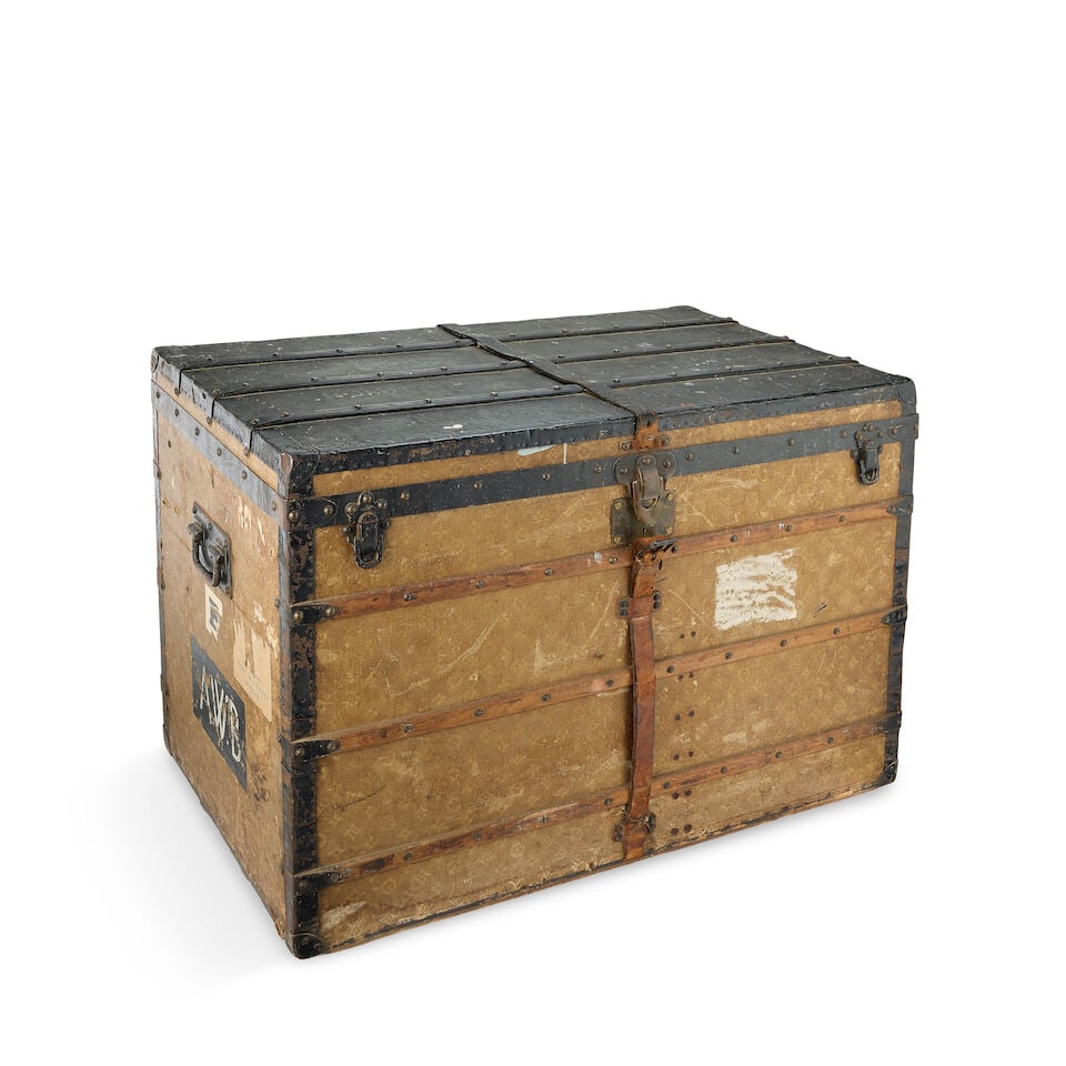 Louis Vuitton: a Monogram High Trunk c.1905: Louis Vuitton: a Monogram High Trunk c.1905 Monogram canvas with black lacquered iron hardware and handles, the top painted black and AWB written to one side, striped linen lining with bottom double c
