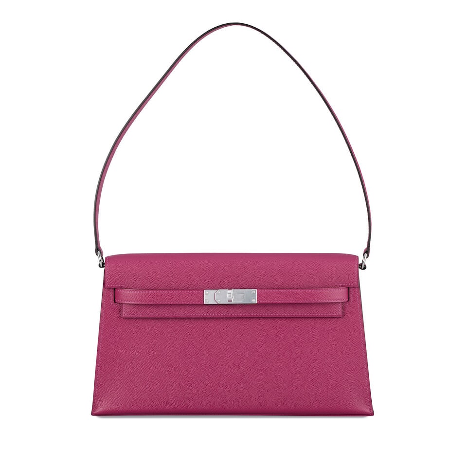 Hermès: a Rose Pourpre Madame Leather Kelly Elan 2026 (includes dust bag and box): Hermès: a Rose Pourpre Madame Leather Kelly Elan 2026 Palladium hardware Condition Grade A+ 28cm wide, 16cm high, 4cm deep, 25cm shoulder drop, includes dust bag and box For further information