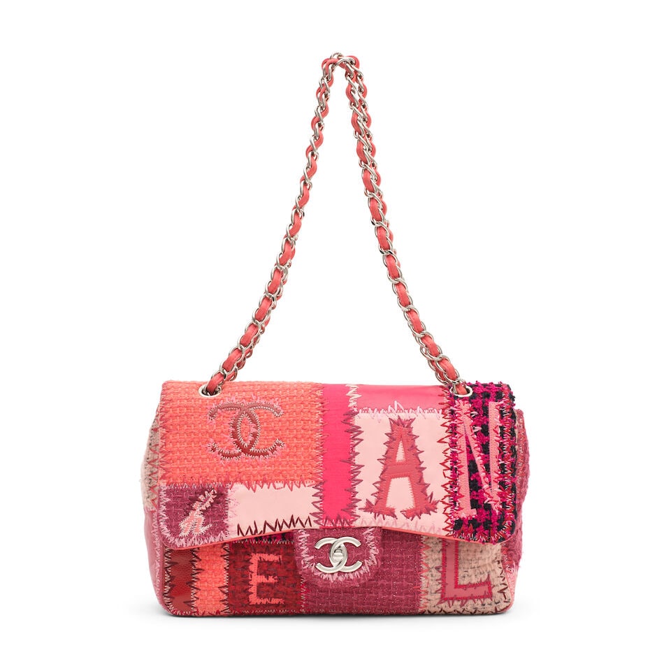 Chanel: a Pink Patchwork Jumbo Flap Bag 2017 (includes serial sticker): Chanel: a Pink Patchwork Jumbo Flap Bag 2017 Creative Director: Karl Lagerfeld Multicolour lambskin, patent leather and tweed in tones of pink spelling out 'Chanel' to one side and 'Coco' to reverse, 