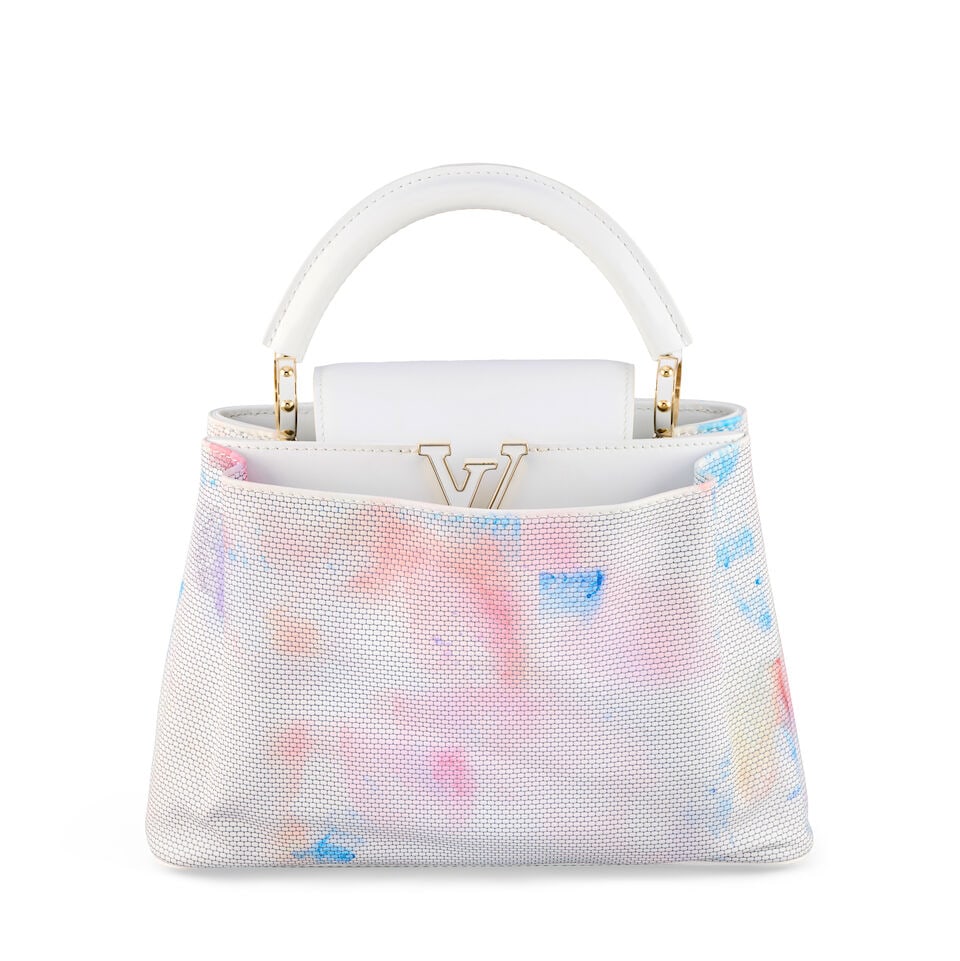 Louis Vuitton x Liza Lou: an Artycapucines BB Limited Edition 2023, numbered 124/200 (includes w...: Louis Vuitton x Liza Lou: an Artycapucines BB Limited Edition 2023, numbered 124/200 Pastel glass bead pattern embossed on draped white leather, an additional slip pocket to the reverse, gold tone har