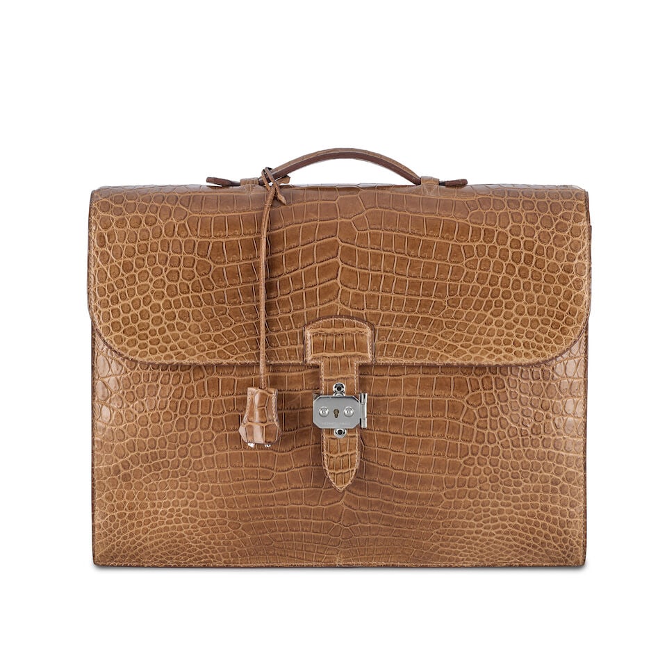 Hermès: a Matte Alezan Porosus Crocodile Sac à Dépêches 38 2013 (includes ke...: Hermès: a Matte Alezan Porosus Crocodile Sac à Dépêches 38 2013 Palladium hardware, double gusset lined in tonal Chevre leather Condition Grade C 38cm wide, 30cm high, 7cm deep,