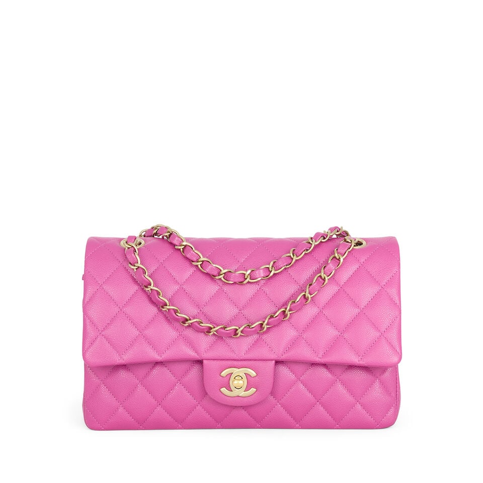 Chanel: a Magenta Caviar Leather Medium Classic Double Flap Bag (includes microchip and dust bag): Chanel: a Magenta Caviar Leather Medium Classic Double Flap Bag Quilted caviar with gold tone hardware Condition Grade A 25.5cm wide, 15cm high, 6cm deep, 23cm/41.5cm shoulder drop, includes
