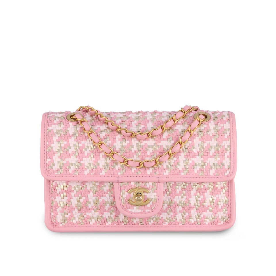 Chanel: a Pink, White and Gold Woven Lambskin and Tweed Flap Bag Cruise 2023 (includes microchip... (1 of 2)