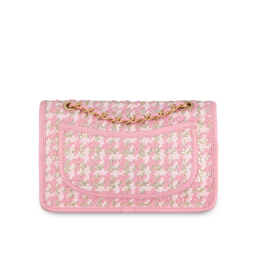 Chanel: a Pink, White and Gold Woven Lambskin and Tweed Flap Bag Cruise 2023 (includes microchip... - 2