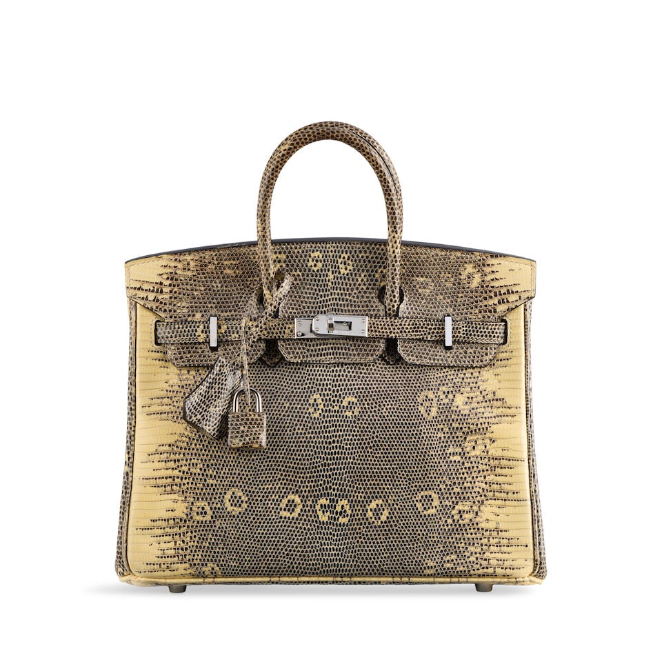 Hermès: a Ombre Natural Salvator Lizard Birkin 25 2010s (includes padlock, keys, cloche, du...: Hermès: a Ombre Natural Salvator Lizard Birkin 25 2010s Palladium hardware Condition Grade B+ 25cm wide, 20cm high, 13cm deep, 7cm handle drop, includes padlock, keys, cloche, dust bag and