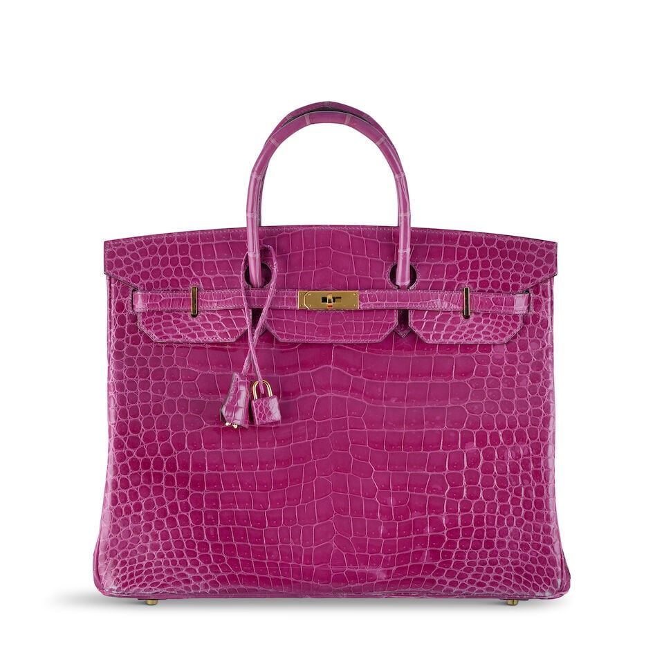 Hermès: a Shiny Rose Scheherazade Porosus Crocodile Birkin 40 2015 (includes padlock, keys,...: Hermès: a Shiny Rose Scheherazade Porosus Crocodile Birkin 40 2015 Gold tone hardware Condition Grade C+ 40cm wide, 31cm high, 12cm handle drop, includes padlock, keys, cloche, felt protector,